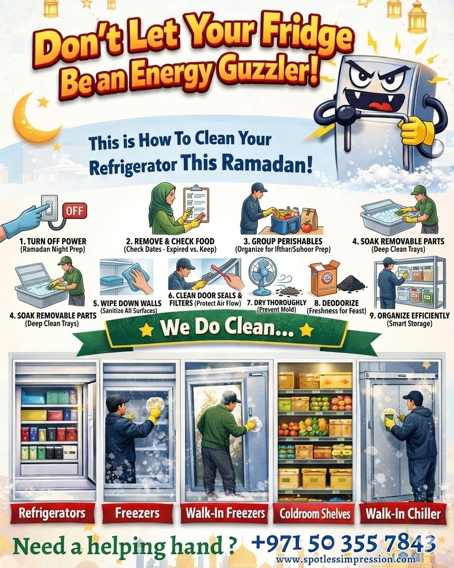 🧊 Don’t Let Your Fridge Be an Energy Guzzler!
✨ This is how to clean your refrigerator this Holiday season and keep it fresh, hygienic, and energy efficient. Let your kitchen stay clean, fresh, and ready for Ramadan!
📞 Call us at +971503557843 or visit www.spotlessimpression.com 
#holidaycleaning #FridgeCleaning #DeepCleaning #UAECleaning #KitchenHygiene #SpotlessImpressions #ChillerCleaning #chillerinstallationdubai