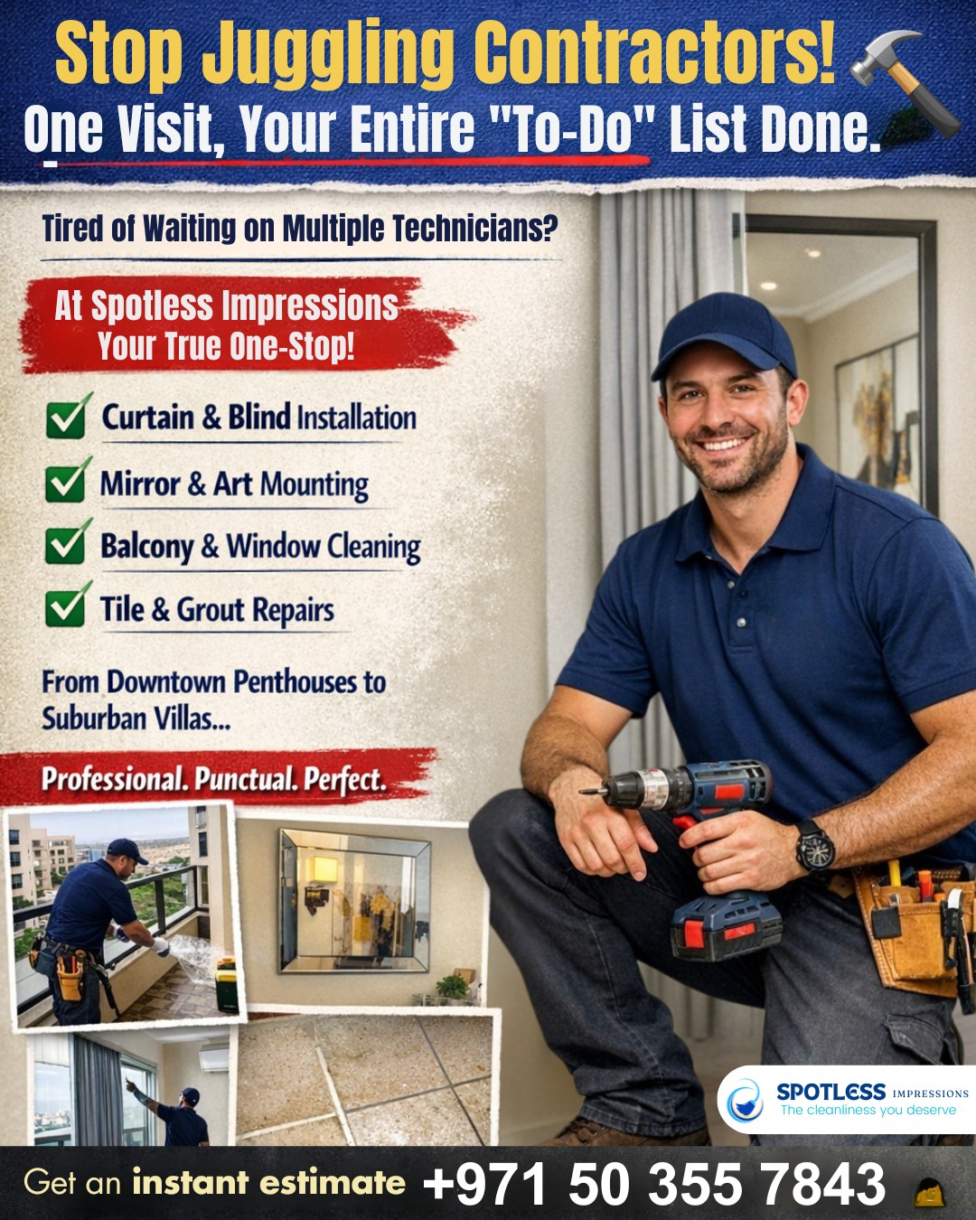Are you tired of waiting for the curtain guy on Monday, the mirror guy on Wednesday, and the balcony cleaner on Saturday? Living in the UAE is busy enough without managing a construction schedule!

At Spotless Impressions, we are your True One-Stop for all things home maintenance.

Our highly trained, multi-skilled technicians (like the one shown in this photo!) can handle varied tasks in a single visit, saving you time and coordinating headaches.

#UAEMaintenance #DubaiHandyman #OneStopShopDubai #HomeImprovementUAE #CurtainInstallation #DubaiVillas  #spotlessimpressions #cleaningserviceindubai