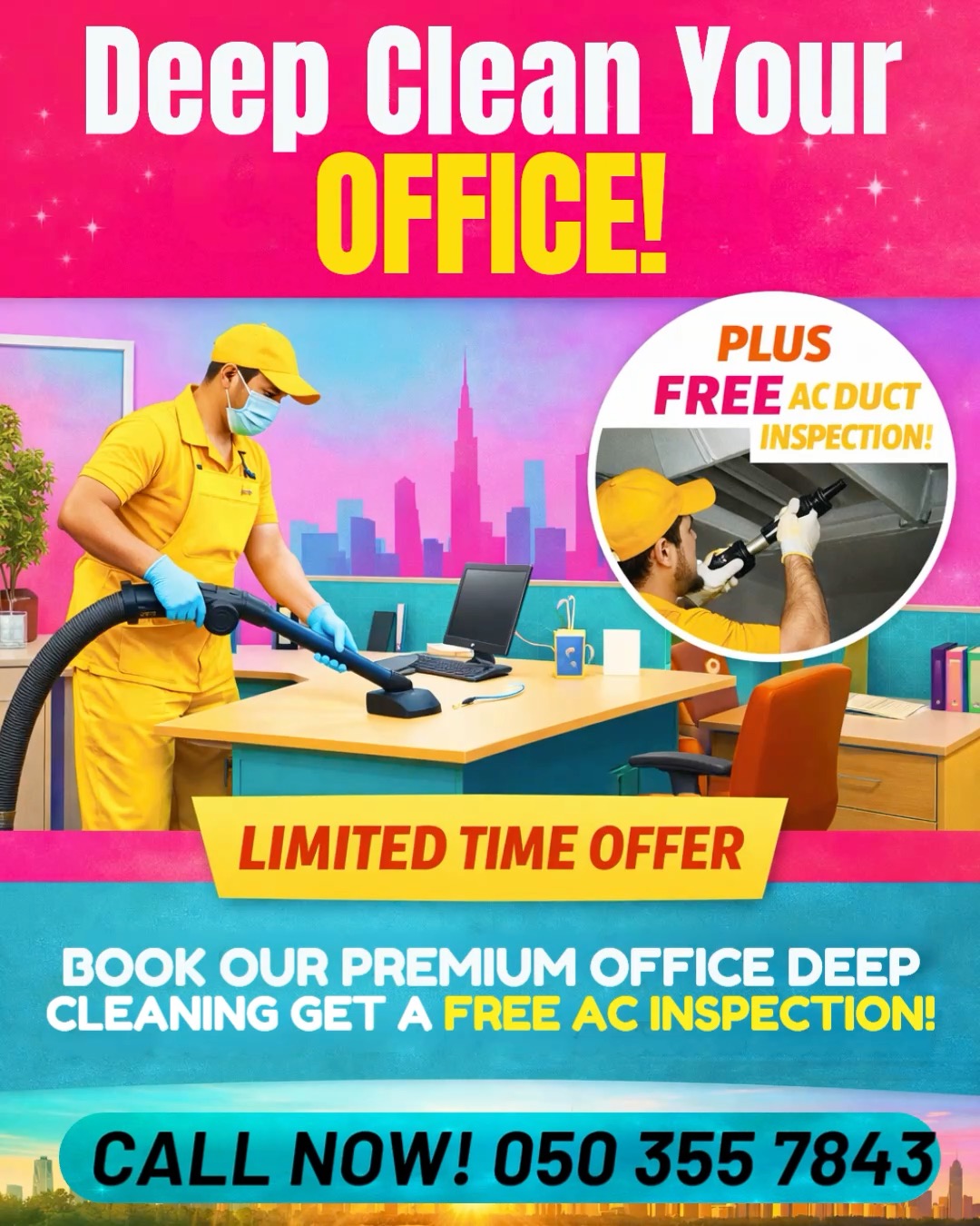 ✨ Give Your Office the Deep Clean It Deserves! ✨
For a limited time, when you book our Premium Office Deep Cleaning Service, we’re throwing in a FREE Professional AC Duct Inspection! 🌬️❄

🎁 EXCLUSIVE OFFER
✅ Complete Office Deep Clean
✅ FREE AC Duct Health Check
✅ Special Corporate Rates Available

📩 DM now or visit www.spotlessimpression.com for a free quote

#DubaiCleaning #OfficeCleaning #CleanWorkspace #DubaiBusiness #DeepCleaning #HealthyOffice #UAEservices #facilitymanagement #spotlessimpressions #deepcleaningdubai