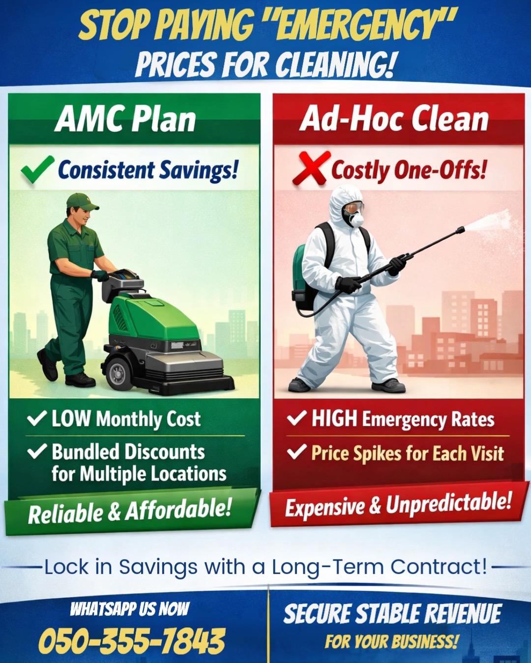 🚫Stop paying emergency prices every time your office needs a deep clean.

Ad-hoc cleaning may seem cheaper at first, but repeated one-off services can quickly become more expensive over time.
With an Annual Maintenance Contract (AMC), you get:
✔ Lower monthly costs
✔ Priority service when you need it
✔ Predictable cleaning expenses
✔ Bundled discounts for multiple branches or locations
✔ Flexible credit periods for approved businesses
👍Choose a smarter, more affordable cleaning solution for your business.

Contact Us for AMC Plans:
📞 Phone: 0503557843
📧 Email: service@spotlessimpression.com
🌐 Website: www.spotlessimpression.com
http://wa.me/+971503557843
#cleaning #cleaningservice #femalecleaner #malecleaner #generalcleaning #officecleaning #eventcleaning #cleaner #mall #warehousecleaning #shopcleaningservices #parttimeofficecleaning #fulltimeclean #helpers #cleaningcontractor #cleaningcontract #cleaningsupply #commercialcleaning #spotlessimpression #AnnualMaintenanceContract #uae