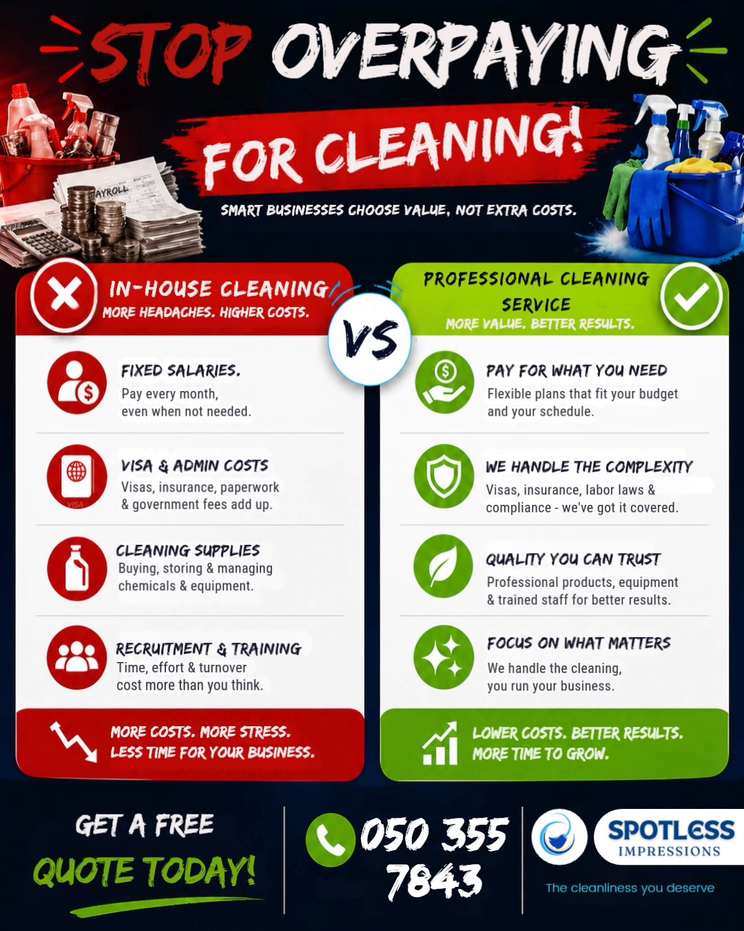 Switch to a professional cleaning service!
You’re paying for more than just cleaning:
❌ Salaries
❌ Visa & admin costs
❌ Supplies & turnover
Save money. Save time. Get better results.
Contact Us:
📞 Phone: 0503557843
📧 Email: service@spotlessimpression.com
🌐 Website: www.spotlessimpression.com
http://wa.me/+971503557843
#cleaning #cleaningservice #femalecleaner #malecleaner #generalcleaning #officecleaning #eventcleaning #cleaner #mall #warehousecleaning #shopcleaningservices #parttimeofficecleaning #fulltimeclean #helpers #cleaningcontractor #cleaningcontract #cleaningsupply #commercialcleaning #spotlessimpression