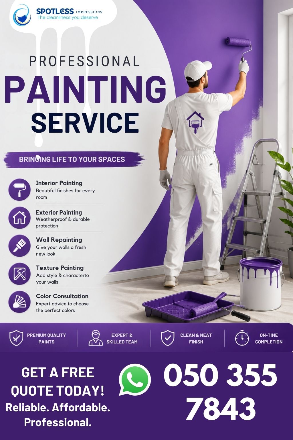 Professional Painting service in Dubai 
WhatsApp us today to get a free inspection!
Contact Us:
📞 Phone: 0503557843
📧 Email: service@spotlessimpression.com
🌐 Website: www.spotlessimpression.com
http://wa.me/+971503557843

#painting #PaintingServices #dubai #PaintingServiceNearMe #SpotlessImpression