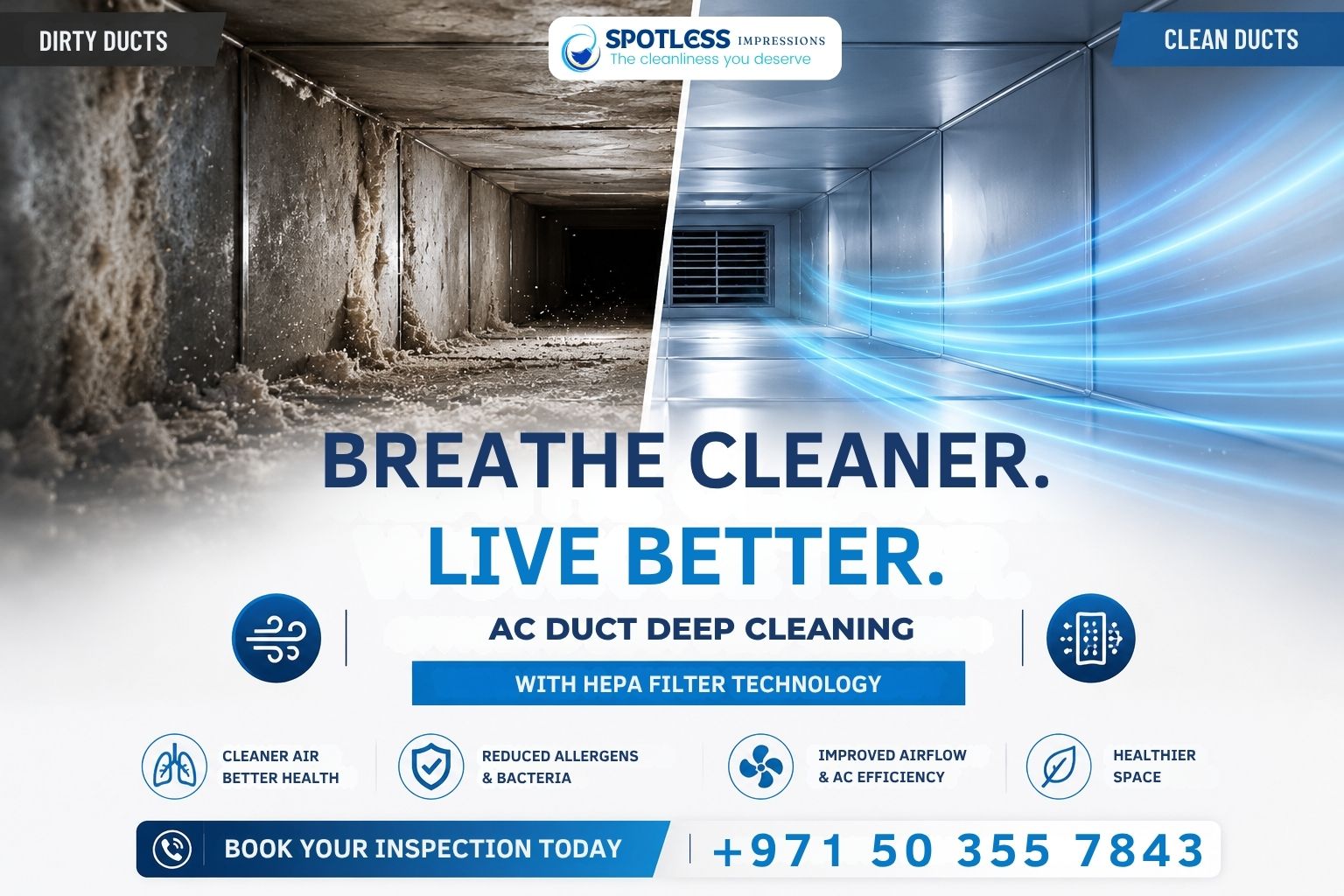 Our professional AC Duct Deep Cleaning Service helps create a healthier space using advanced cleaning methods and HEPA filtration technology.

✅ Deep Cleaning of AC Duct Systems
✅ HEPA Filter Assisted Cleaning
✅ Removal of Dust, Allergens & Contaminants
✅ Improved Indoor Air Quality
✅ Reduced Odors & Airborne Particles
✅ Suitable for Apartments, Villas, Offices & Commercial Buildings
✅ Trained & Experienced Technicians

Book Now :
📞 Phone: 050 355 7843
📧 Email: service@spotlessimpression.com
🌐 Website: www.spotlessimpression.com
#cleaningservices #accleaning #hepafilter #ACductcleaningservice #spotlessimpression