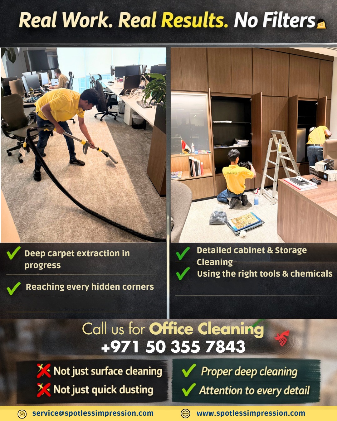 ✨ Office Cleaning & Organizing

We provide:
✔️ Office deep cleaning
✔️ Workstation Sanitization
✔️ Industrial Carpet Extraction
✔️ Workspace organization and shelf archive
✔️ High-Level Dusting

📞 Request a office inspection today +971 50 355 7843 or visit www.spotlessimpression.com

#CorporateCleaning #officecleaning  #cleaningservicedubai  #spotlessimpressions