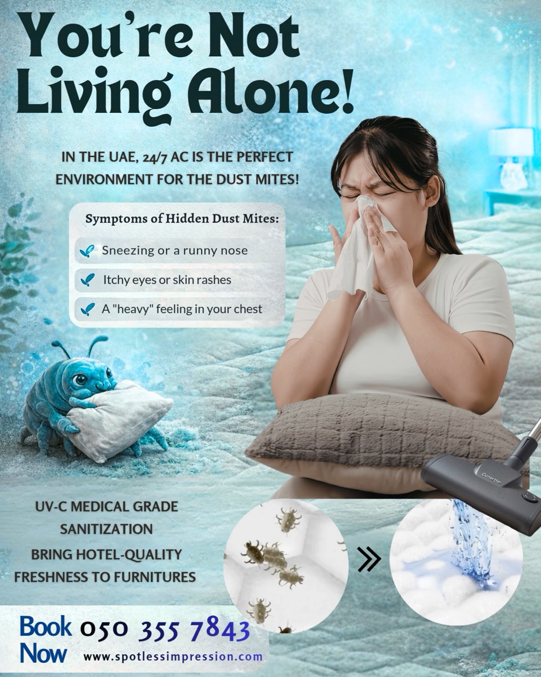 In the UAE, 24/7 air conditioning creates the perfect environment for dust mites to hide deep inside your sofa. If you often experience:
✅ Sneezing fits
✅ Itchy eyes
✅ Skin irritation
✅ Allergy symptoms after sitting down
…it may be time for more than a quick vacuum.

Our UV-C medical-grade Furniture  sanitization helps:
🛡️ Kill dust mites, bacteria, and germs
🌬️ Reduce allergy triggers
💧 Stay completely chemical-free and safe for families
✨ Bring back that fresh, clean feeling to your sofa

WhatsApp us today or visit www.spotlessimpression.com to book your cleaning service.
#spotlessimpressions #cleaningserviceindubai #sofacleaning #HomeCleaningUAE