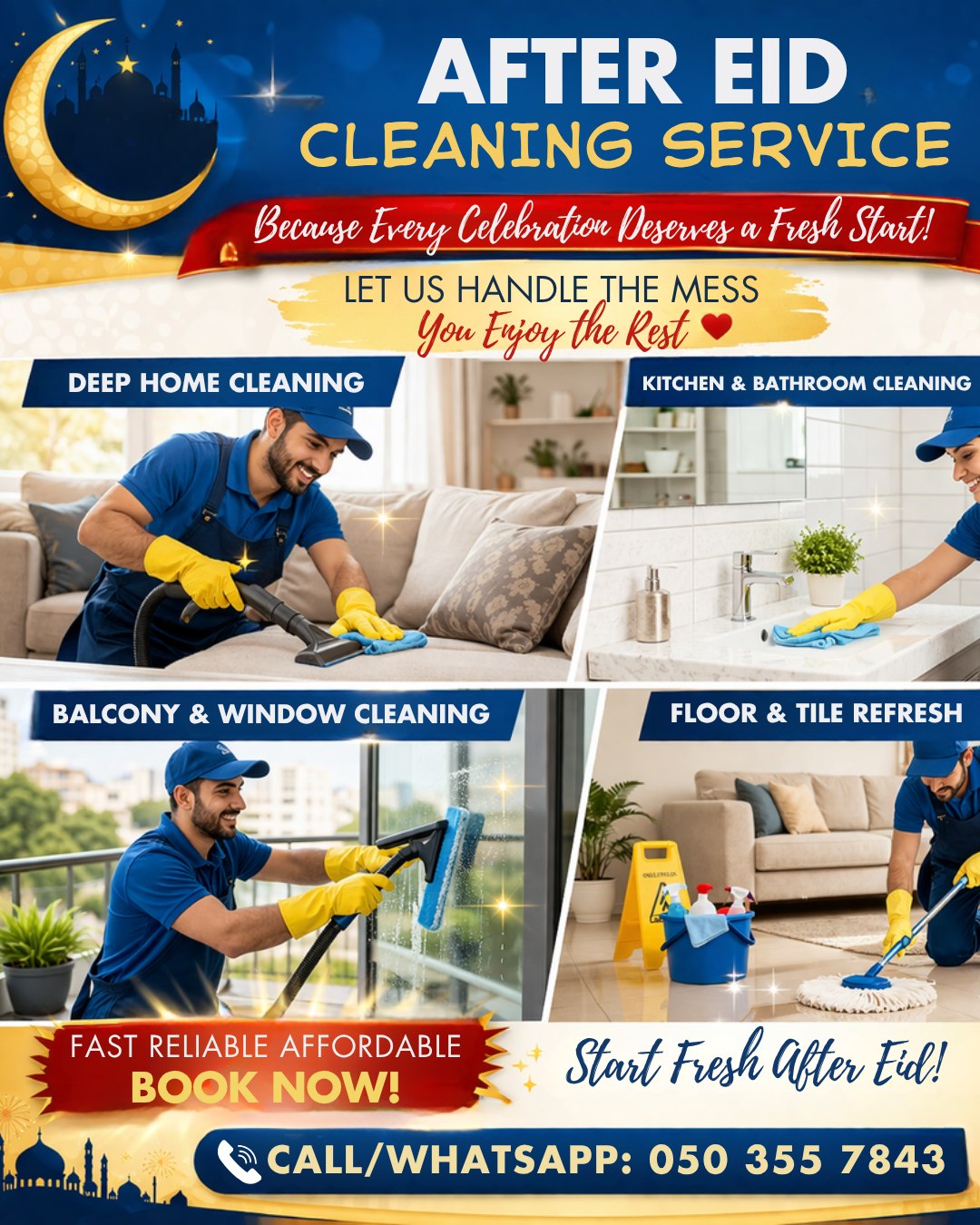 ✨ After the celebrations, it’s time to refresh your home! 🏠🧼
Let us handle the post-Eid cleaning while you relax.
✔ Deep Cleaning
✔ Kitchen & Bathroom
✔ Balcony & Living Areas
Enjoy a spotless home after a joyful Eid 🌙
📞 Book your cleaning today!
#eidcleaning #deepcleaninguae #carpetcleaningdubai #glasscleaningservices  #accleaning #spotlessimpressions