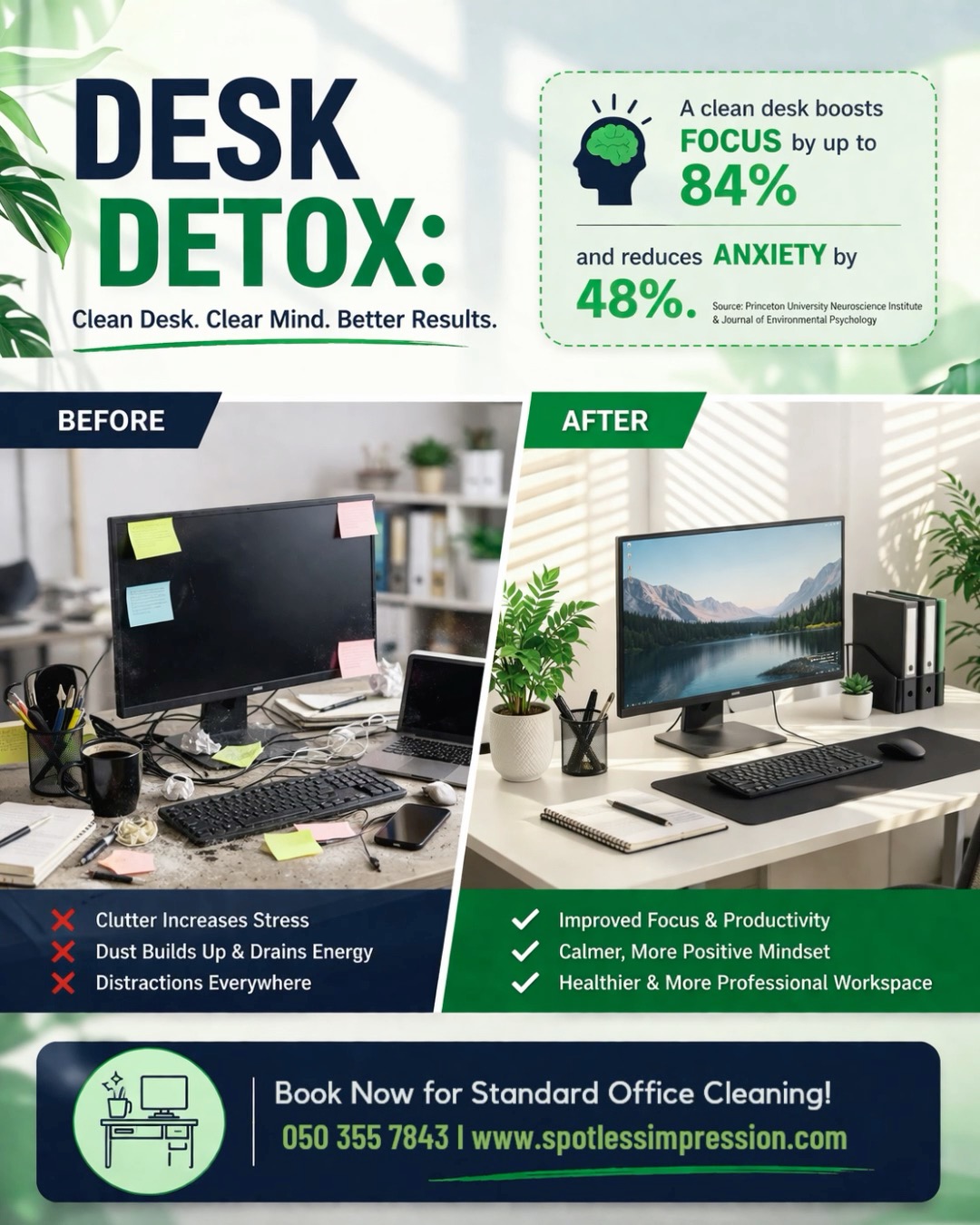 🫨Messy cables. Dusty surfaces. Constant distractions.
A cluttered workspace can affect focus, productivity, and even stress levels.
Our Standard Office Cleaning helps keep your workplace fresh, organized, and ready for success.
✅ Dust-free desks
✅ Clean floors and surfaces
✅ Organized workstations
✅ Better focus and productivity

WhatsApp us today to schedule your office cleaning service.
Contact Us:
📞 Phone: 0503557843
📧 Email: service@spotlessimpression.com
🌐 Website: www.spotlessimpression.com
http://wa.me/+971503557843
#cleaning #cleaningservice #femalecleaner #malecleaner #generalcleaning #officecleaning #eventcleaning #cleaner #mall #warehousecleaning #shopcleaningservices #parttimeofficecleaning #fulltimeclean #helpers #cleaningcontractor #cleaningcontract #cleaningsupply #commercialcleaning #spotlessimpression