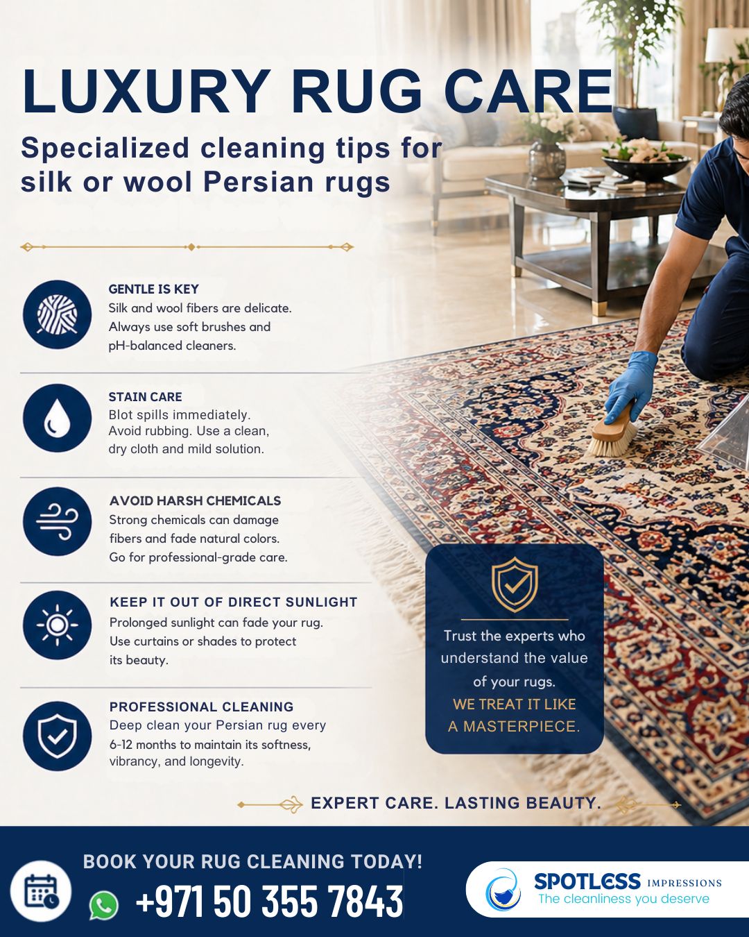 LUXURY RUG CLEANING ✨ 

Contact Us:
📞 Phone: 0503557843
📧 Email: service@spotlessimpression.com
🌐 Website: www.spotlessimpression.com
http://wa.me/+971503557843
#cleaning #cleaningservice #femalecleaner #malecleaner #generalcleaning #officecleaning #eventcleaning #cleaner #mall #warehousecleaning #shopcleaningservices #parttimeofficecleaning #fulltimeclean #helpers #cleaningcontractor #cleaningcontract #cleaningsupply #commercialcleaning #carpetcleaningdubai #rugcleaningservice #spotlessimpression