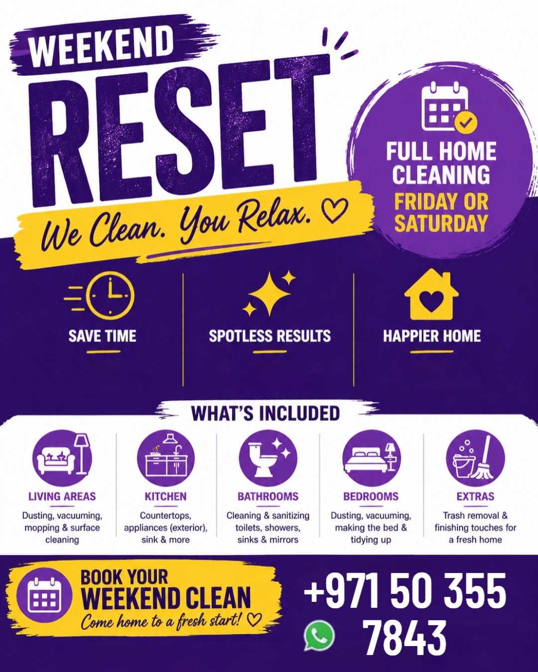 Busy week?
You deserve a reset. 💜
Come home to a spotless space and a peaceful mind.
📅 Weekend cleaning available – Friday & Saturday

Contact Us:
📞 Phone: 0503557843
📧 Email: service@spotlessimpression.com
🌐 Website: www.spotlessimpression.com
http://wa.me/+971503557843
#cleaning #cleaningservice #femalecleaner #malecleaner #generalcleaning #homecleaning  #WeekendCleaning #VILLACLEANING  #officecleaning #eventcleaning #cleaner #mall #warehousecleaning #shopcleaningservices #parttimeofficecleaning #fulltimeclean #helpers #cleaningcontractor #cleaningcontract #cleaningsupply #commercialcleaning #spotlessimpression